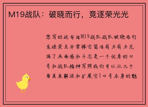 M19战队：破晓而行，竞逐荣光光